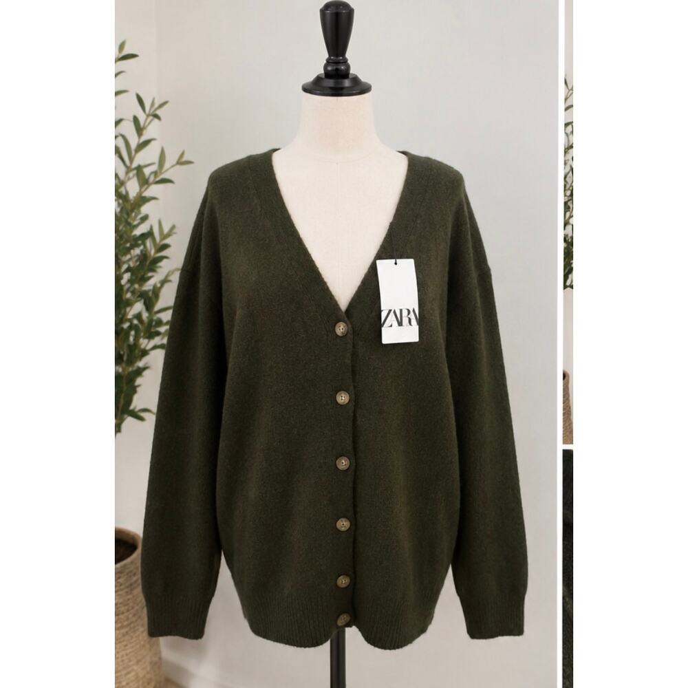 Zara NWT Oversized Olive Green Button Cardigan Sweater Medium